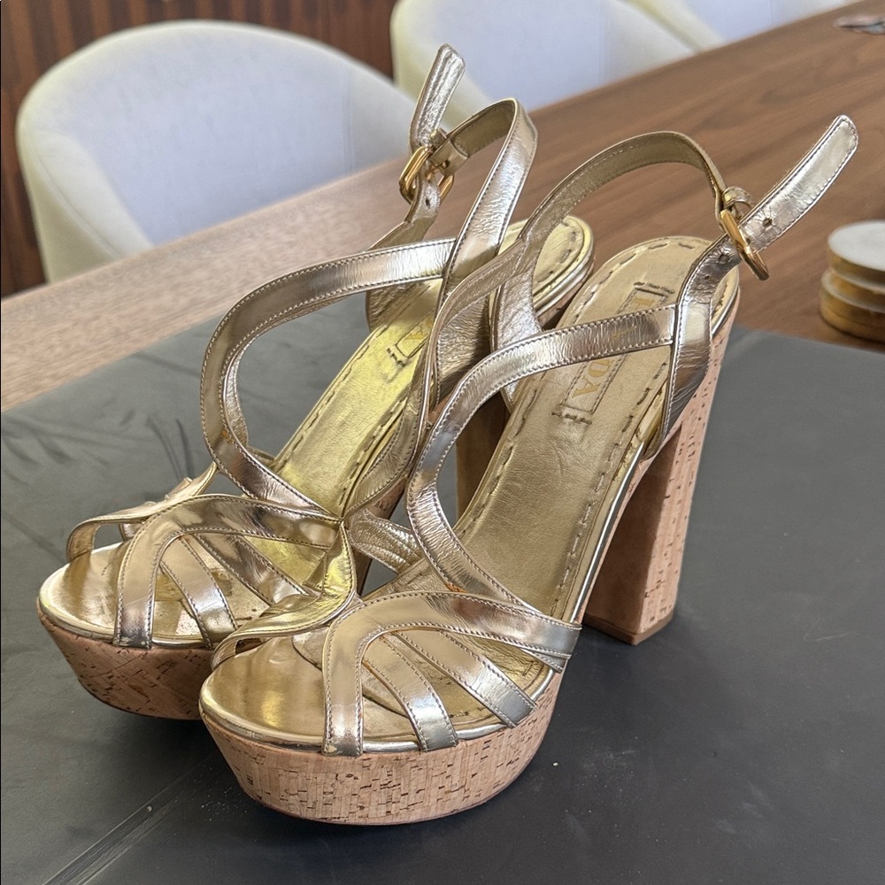 Prada Gold Strappy Platform Heels size 39